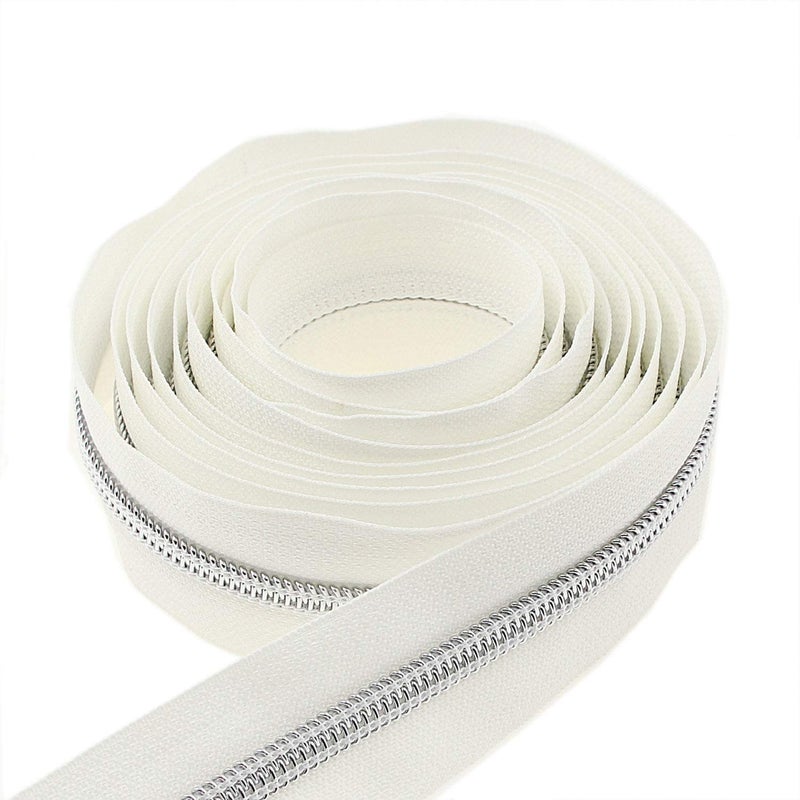 Leekayer #5 Silver Metallic Nylon Coil Zippers by The Yard Bulk 10 Yards White Tape with 25pcs Silver Sliders for DIY Sewing Tailor Craft Bag(White) - Image 3